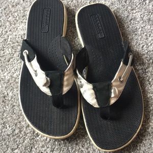 Sperry black & white top sider flip flops
